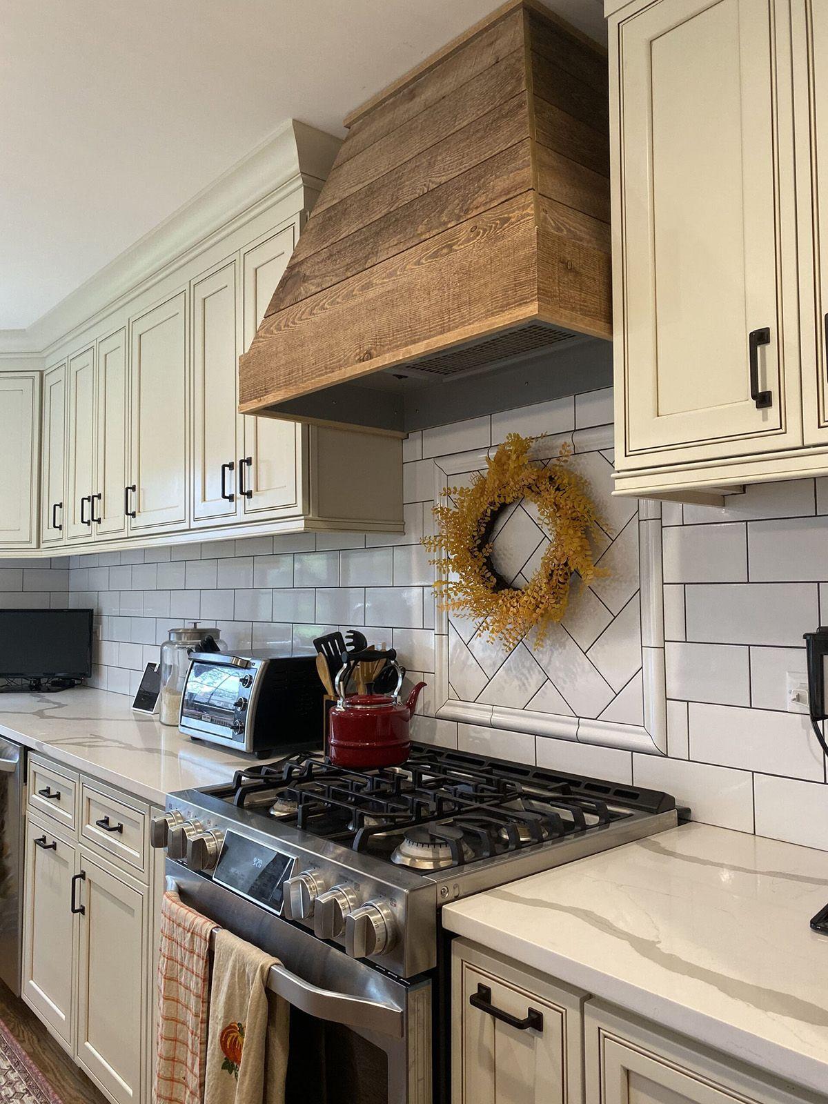 Tapered shiplap wood range hood