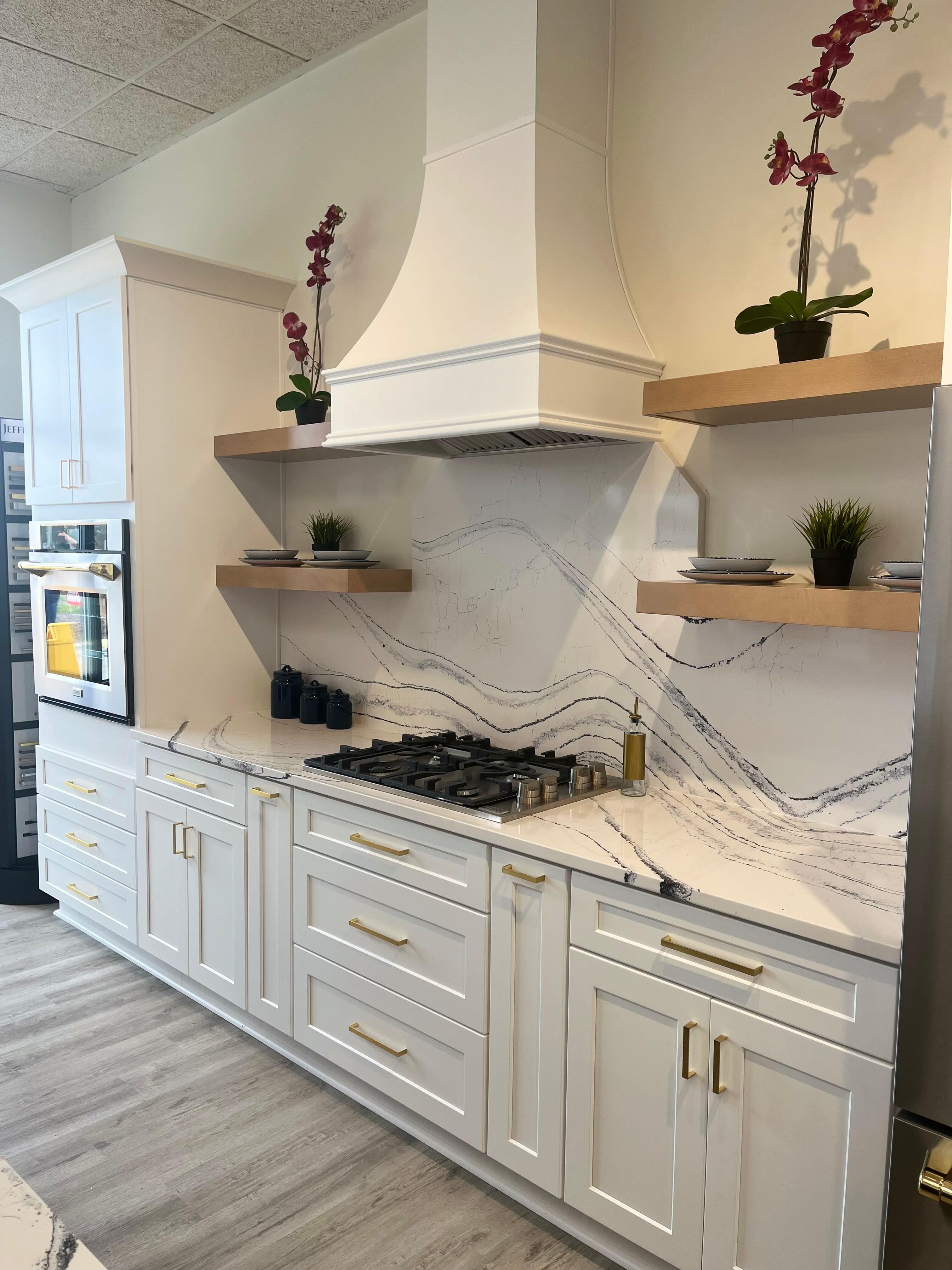 Quartz countertop with full height backsplash