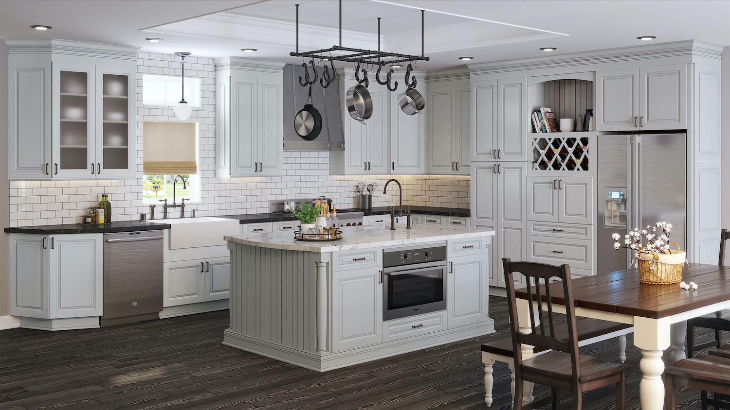 White kitchen cabinets and island storage.